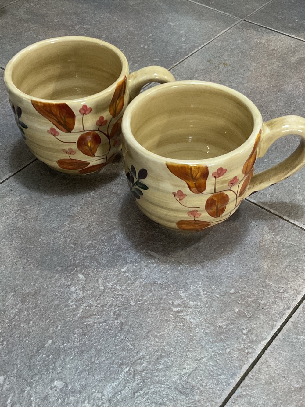 Hand-Painted Ceramic Mug Set in Cream with Brown Floral Accents - Set of 2